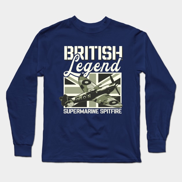 Supermarine Spitfire Fighter Aircraft RAF British Legend Retro Plane Long Sleeve T-Shirt by BeesTeez